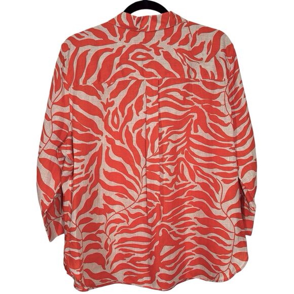 Chicos Linen Button-Up Shirt No iron Blood Orange Tan Palms Size 3 XL NWT - Picture 3 of 11